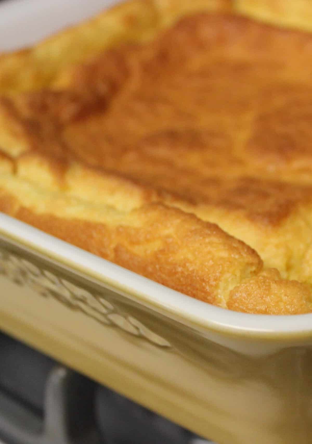 A cast-iron skillet filled with spoon bread batter ready to bake