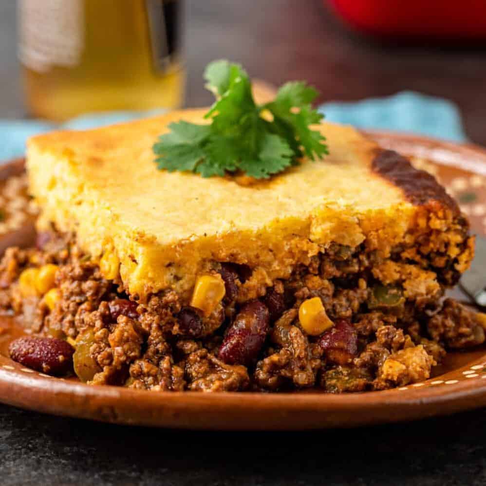  A perfect combination of cornbread, spicy beef, and cheese.