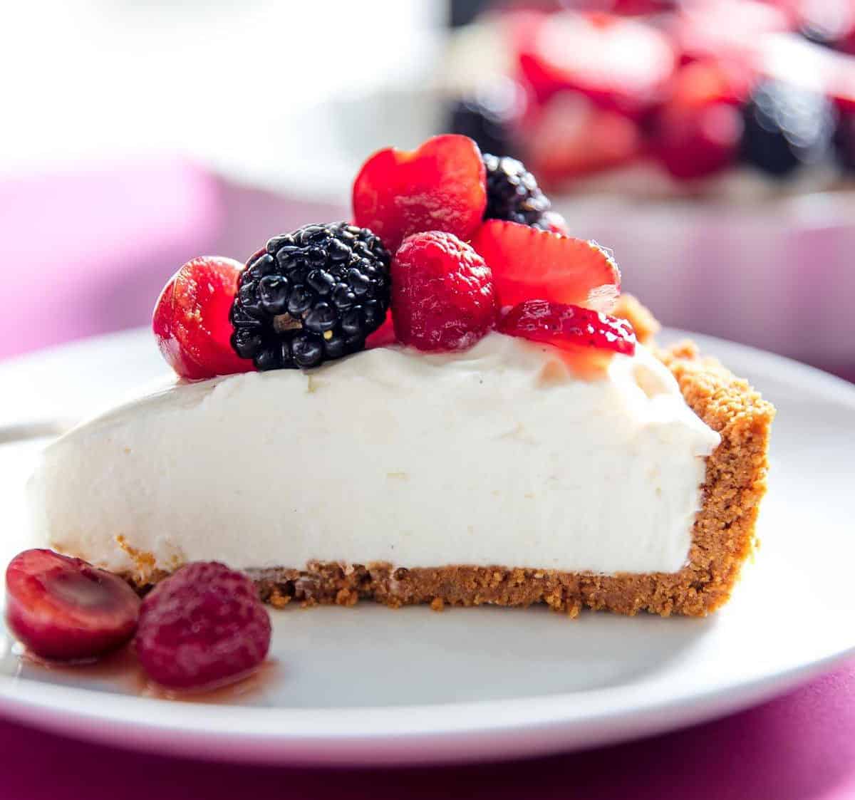  Sweet and creamy cheesecake filling piled high in a delicate graham cracker crust.
