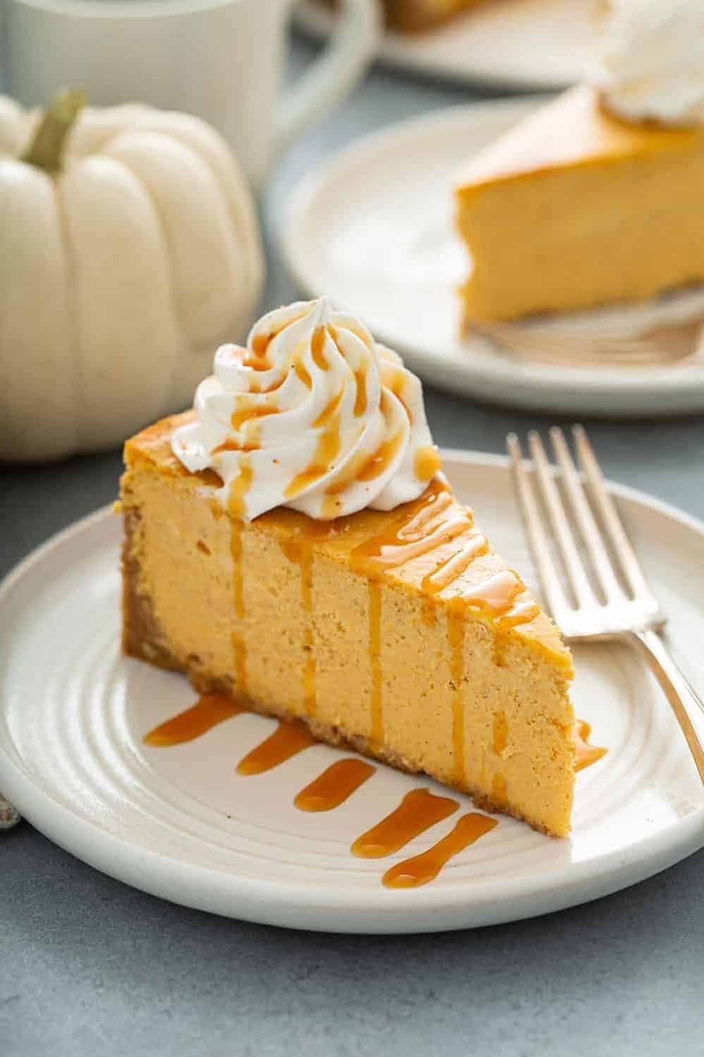  Swirls of spiced pumpkin puree throughout the cheesecake add a beautiful pop of autumn color.
