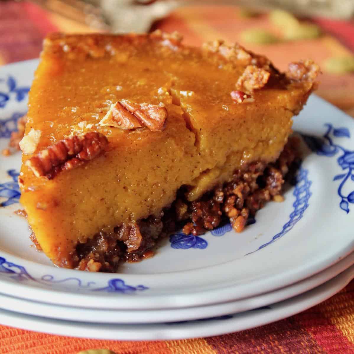  The gooey caramel and crunchy pecans are the perfect pair for this classic pumpkin pie.
